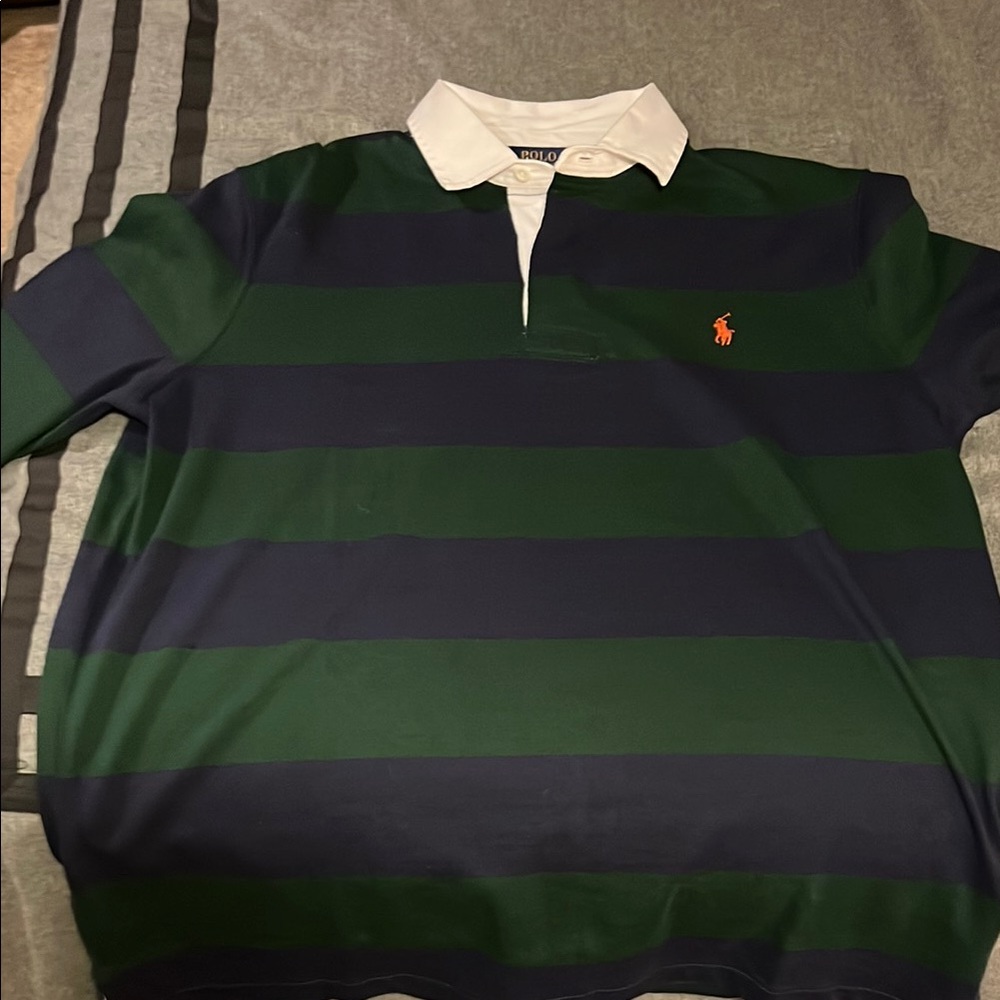Polo by Ralph Lauren Men's Green and Navy Striped Rugby Shirt